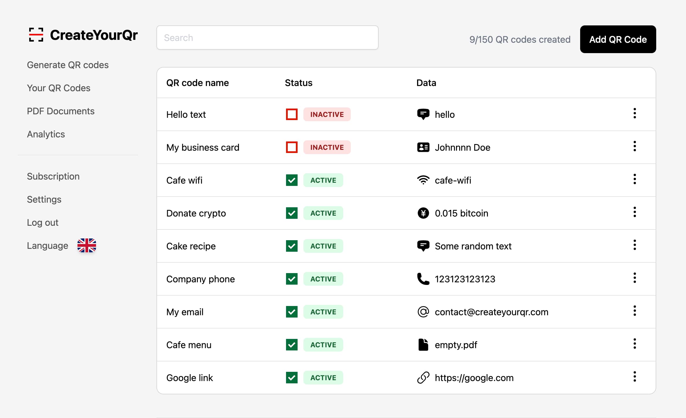 CreteYourQr dashboard with the list of created QR codes.